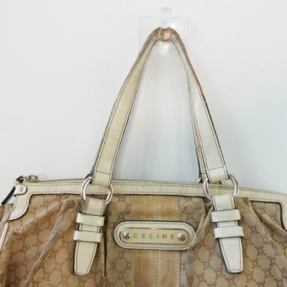 VINTAGE Celine Bag Leather Beige Tote Purse White‎ Macadam Canvas Logo Monogram - Picture 4 of 16